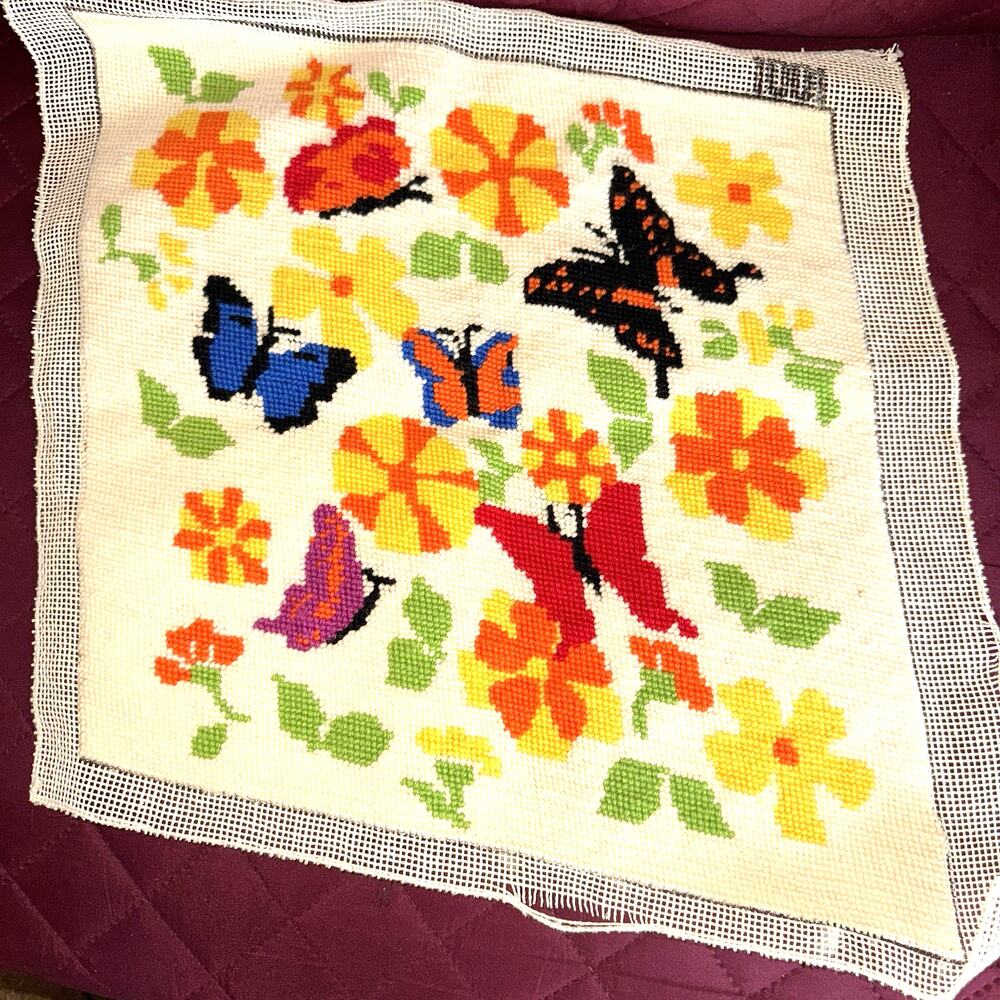 Colorful Butterfly Needlepoint Chair Cover or Pillow 15 x 15